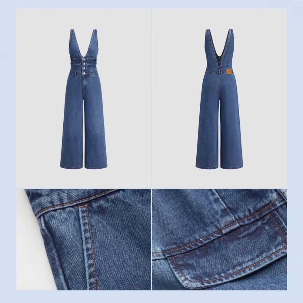 Cider Denim V-neck Button & Pocket Wide Leg Jumpsuit